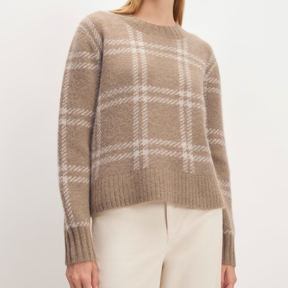 Everlane Beige Plaid Crewneck Sweater with White Windowpane